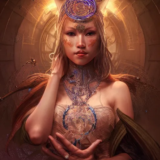 Image similar to ultra realistic illustration of asian beauty cj miles as a cyber shamanic witch casting am elderit h spell, intricate, elegant, highly detailed, digital painting, artstation, concept art, smooth, sharp focus, illustration, art by artgerm and greg rutkowski and alphonse mucha