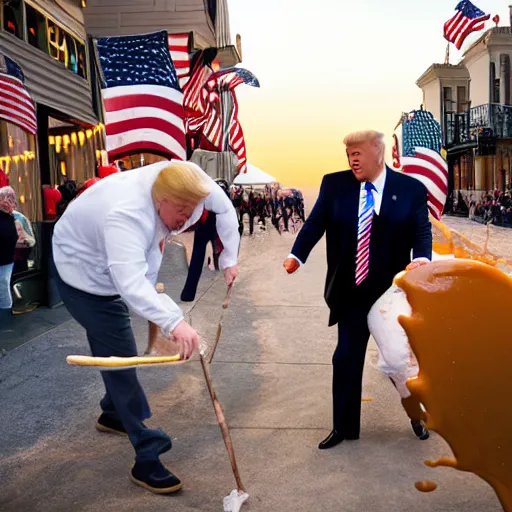 Image similar to donald trump hitting people with pudding, pudding stained clothes, golden hour, boardwalk