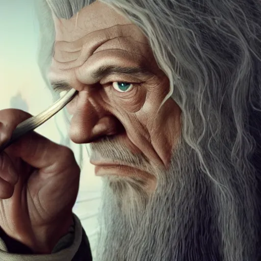 Image similar to film still of gandalf starring as the hulk, high detail shot, smoking, render, cgsociety, photorealism