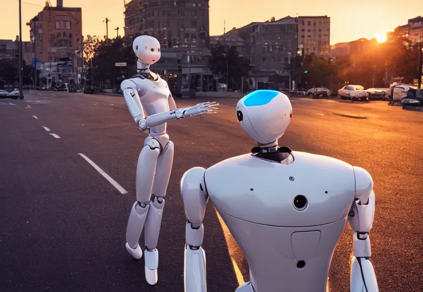 Image similar to a calming photograph of a slender, humanoid robot caresses a beautiful human woman in the face, large shot, wide shot, in a street, sunset photo