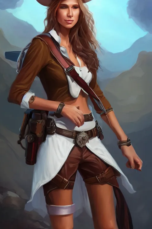 Image similar to full body, female cowgirl, perfect face, white blouse, holster, 8 k, magic the gathering, desert, d & d, artstation, high detail, smooth, sweaty