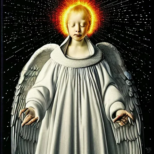 Image similar to highdetailed hyperrealistic of white angel in the hood!!! giant ball of miracle light from the chest!!!!!, white sparkles everywhere, lot of fire and stars overhead!!!, by jan van eyck, holography space, glow effect, large strokes, clean lines, white mono color, oil painting