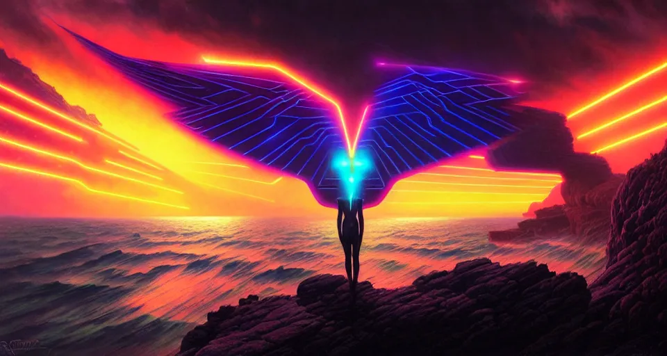 Prompt: psychedelic tron wings in front mind bending sunset, cliffside ocean scene, backlit, aesthetic, surreal, diffuse lighting, hyper realistic, elegant, intricate, hyper detailed, smooth, sharp focus, concept art, illustration, trending on artstation, art by artem demura, greg rutkowski, james gurney, and alphonse mucha