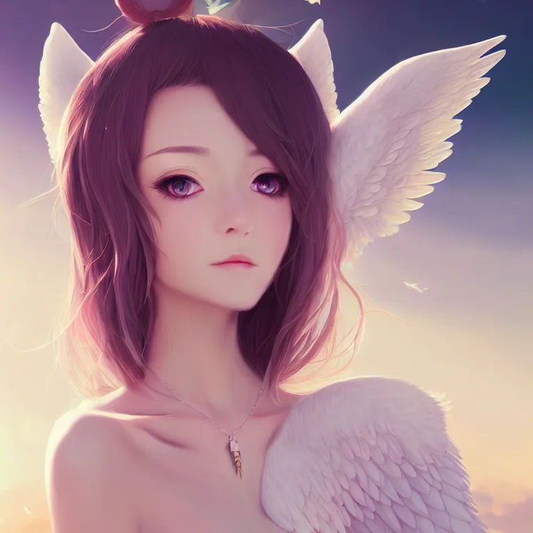 Prompt: Portrait of a cute elegant woman with thick angelic white wings on her back, flying, cat ears, luxurious neckless, sunset warm spring, slim face, detailed face, centered close-up, fantasy, anime, vibrant, colorful, depth of field, intricate details, trending on ArtStation, Deviantart, by WLOP