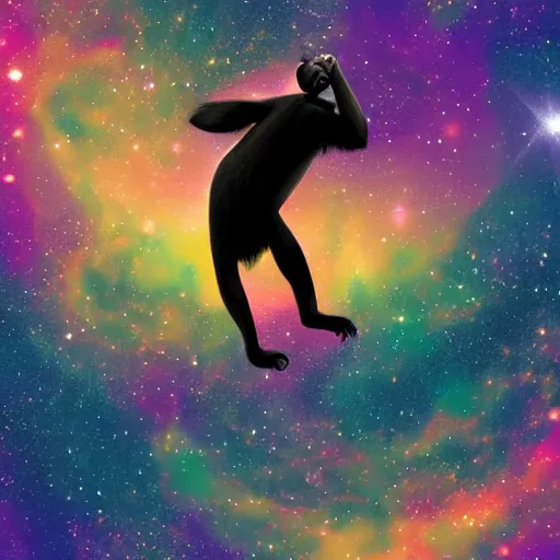 Image similar to A chimpanzee floating through outer-space, reaching out and touching a nebula with its finger, digital art, 8k