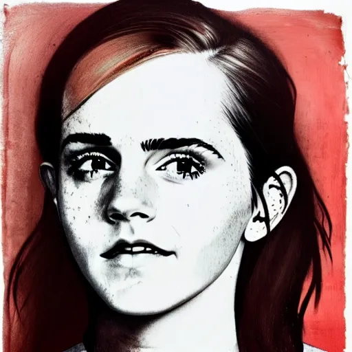 Image similar to portrait of emma watson, medium shot. by hermann nitsch and hermann nitsch