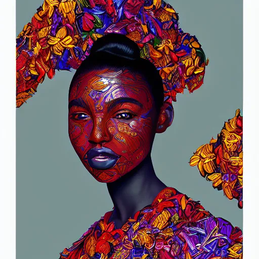 Image similar to the portrait of a beautiful and elegant young black woman made up of peppers, an ultrafine detailed illustration by james jean, intricate linework, bright colors, final fantasy, behance contest winner, vanitas, angular, altermodern, unreal engine 5 highly rendered, global illumination, radiant light, detailed and intricate environment