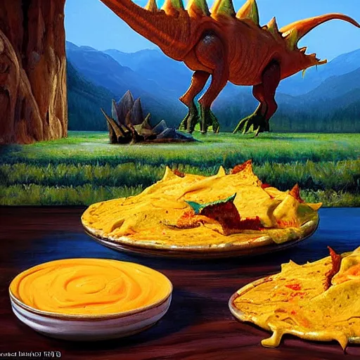 Image similar to a nacho stegosaurus, nachosaurus, a stegosaurus made of nachos, next to a pond of nacho cheese, painting by james gurney