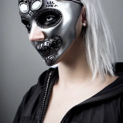 Prompt: very cool girl brilliant silver hair girl wearing a silver sugar skull mask techwear cyberpunk style outfit full body nose piercing detailed portrait intricate comp