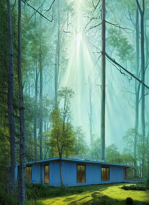 Image similar to hyper realistic witchy modern house with mood lighting and tech in the woods gorgeous lighting, sunbeams blue sky, highly detailed, lush forest foliage painting by zdzisław beksinski and norman rockwell and greg rutkowski weta studio, and lucasfilm