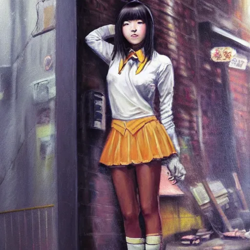 Image similar to a perfect, realistic professional 70s oil painting of a Japanese schoolgirl posing in a dystopian alleyway, style of Marvel, full length, by a professional American senior artist on ArtStation, a high-quality hollywood-style concept