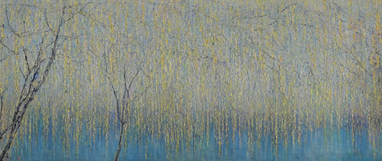 Prompt: A gentle breeze blows the willow trees in early spring , abstract, oil painting, by Zhao Wuji