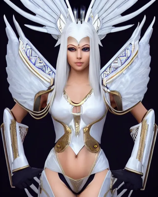 Image similar to perfect white haired egyptian goddess wearing white dove wings, warframe armor, regal, attractive, ornate, sultry, beautiful, charlize theron, half asian, pretty face, blue eyes, detailed, scifi platform, 4 k, ultra realistic, epic lighting, cinematic, masterpiece, art by akihito tsukushi, voidstar, trending on artstation