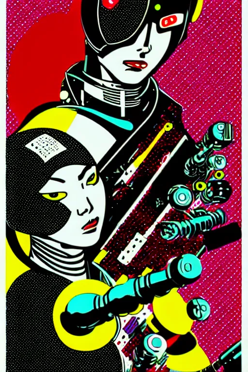 Image similar to futuristic japanese cyberpunk by roy lichtenstein, by andy warhol, ben - day dots, pop art, bladerunner, pixiv contest winner, cyberpunk style, cyberpunk color scheme, mechanical, high resolution, hd, intricate detail, fine detail, 8 k