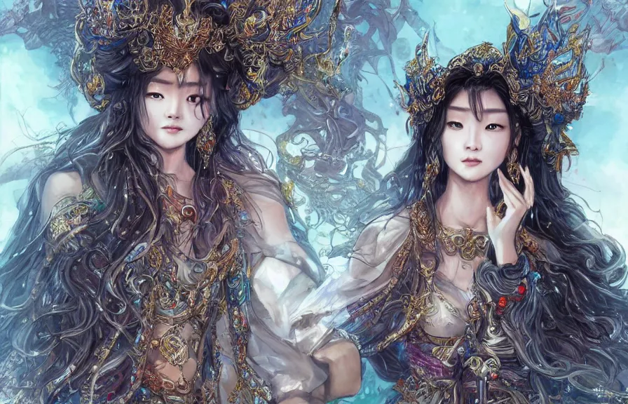 Image similar to an concept art of the korean queen surrounded by magic guards, long hair, makeup, intricate details, detailed face, detailed short dress, one central character, artstation, epic pose, colourful light, by kentaro miura and masanoriwarugai