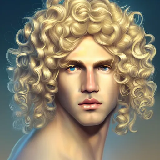 Image similar to Apollo the pale blond androgynous god of the sun, highly detailed, very very very curly golden blond hair, baroque drill curls, curtain bangs, central parted fringe, extremely luscious curly blond hair, very very very pale white skin, digital painting, artstation, concept art, soft light, sharp focus, illustration