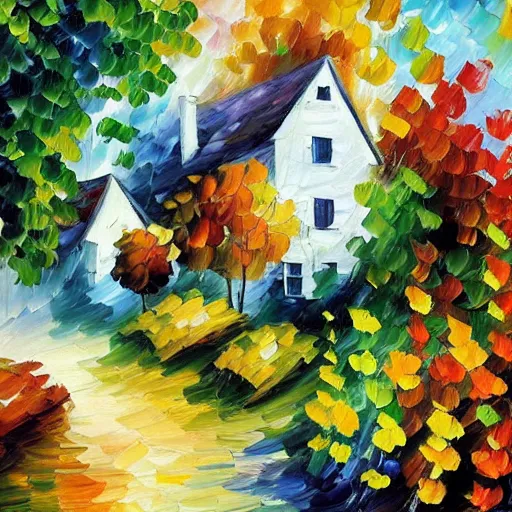 Image similar to a cottage with a garden, leonid afremov