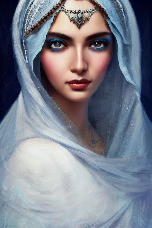 Image similar to ameera al taweel, bright blue eyes, long wavy black hair, white veil, front closeup, cinnamon #b57e59 skin color, highly detailed, centered, oil painting, artstation, concept art by tom bagshaw