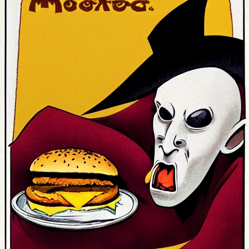 Prompt: nosferatu biting into a mcdonald's burger, advertisement