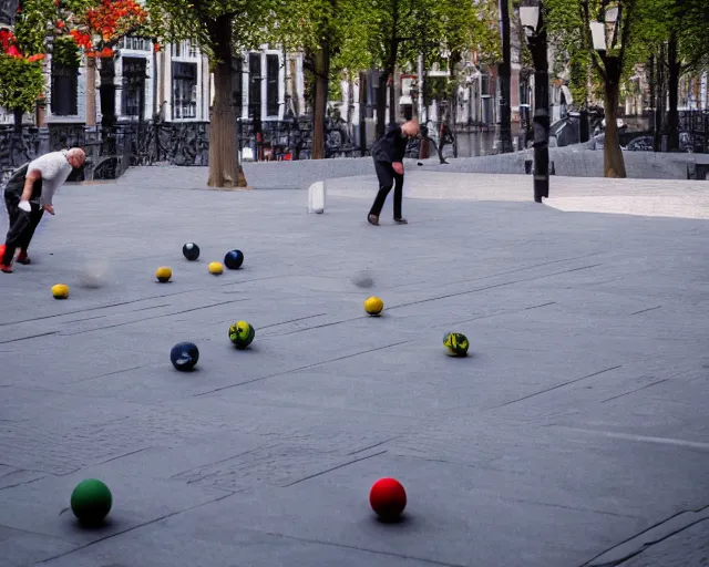 Prompt: playing petanque next to prinsengracht, intricate detail, beautiful aesthetic, cinematic still 8 k