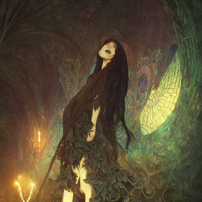 Image similar to a beautiful render of absolutely beautiful witch, gothic background, a beautiful face, perfectly shaded, atmospheric lighting, style of makoto shinkai, raphael lacoste, louis comfort tiffany, artgerm, karol bak, james jean, alphonse maria mucha