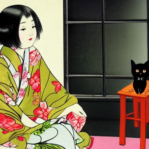 Prompt: A young lady in a kimono with almond-shaped eyes, sitting on a chair in a huge empty room, a black cat sitting on the window, a girl smiling, style