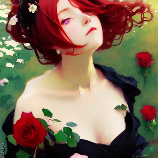 Image similar to beautiful rose anime red - hair girl in elegent black dress, laying on roses, krenz cushart, mucha, ghibli, by joaquin sorolla rhads leyendecker, by ohara koson