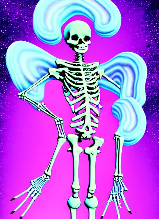 Image similar to a skeletal skinny angel spirit being, covered with pastel glitter glue slime, fashion model pose, full body maximalist cosmic eldritch character design, early computer graphics