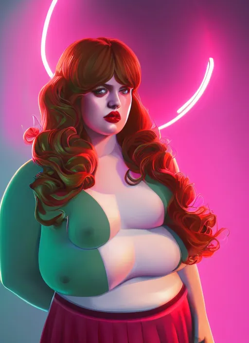 Image similar to full body portrait of teenage cheryl blossom, obese, bangs, green eyes, sultry, realistic, red hair, sultry smirk, wavy hair, pink skirt, fat, intricate, elegant, glowing lights, highly detailed, digital painting, artstation, concept art, smooth, sharp focus, illustration, art by wlop, mars ravelo and greg rutkowski