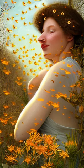 Image similar to infp young woman, smiling amazed, golden fireflies lights, full covering intricate detailed dress, amidst nature, long red hair, precise linework, accurate green eyes, small nose with freckles, oval shape face, realistic, expressive emotions, dramatic lights, hyper realistic ultrafine art by artemisia gentileschi, caravaggio, jessica rossier, boris vallejo