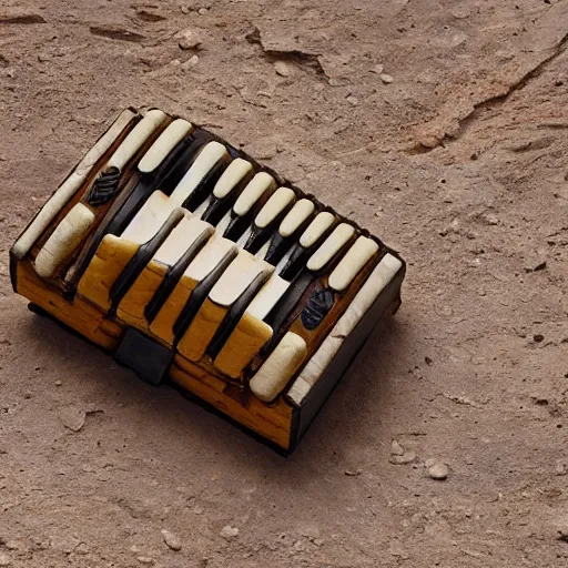 Image similar to an instrument resembling a small accordion, made of stone, wood, and animal skin, found in near-perfect condition at an archaeological site dating to 6000 BC, photo from the dig site, 85mm lens