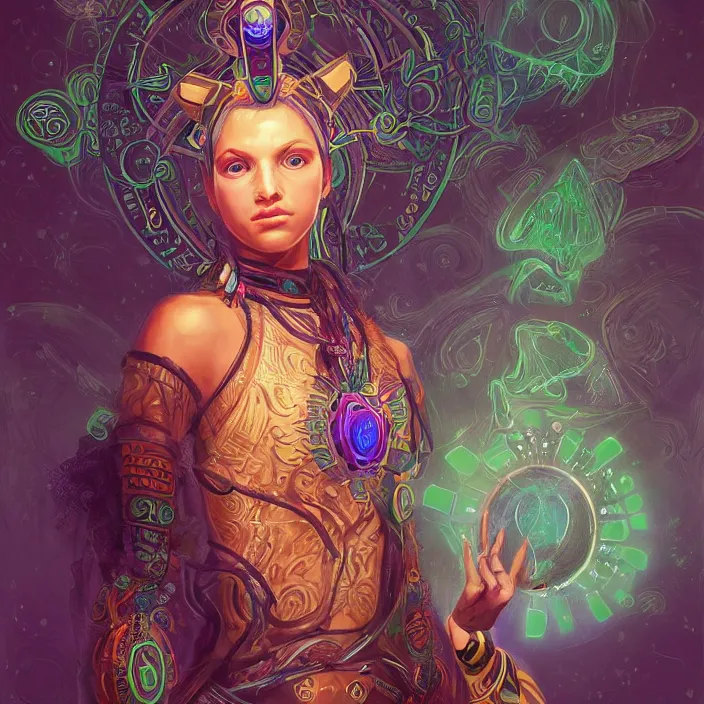 Image similar to portrait of a future metaverse ayahuasca tech shaman warrior, 2 d cartoon, visionary art, symmetric, magick symbols, holy halo, shipibo patterns, sci - fi, concept art, trending on art station, 8 k digital art, by mandy jurgens, fantasy portrait art, anime