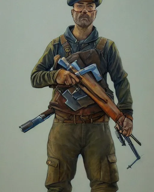 Prompt: a oil / watercolor painting full body character portrait of a accounting rifleman in the style of moebius in the style of leonard boyarsky trending on artstation deviantart pinterest detailed realistic hd 8 k high resolution