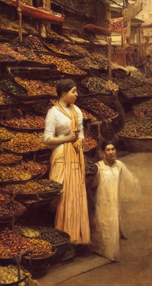 Prompt: young woman standing in a spice market at night by theodore ralli and nasreddine dinet and anders zorn and nikolay makovsky and edwin longsden long, oil on canvas, masterful intricate artwork, excellent lighting, high detail 8 k