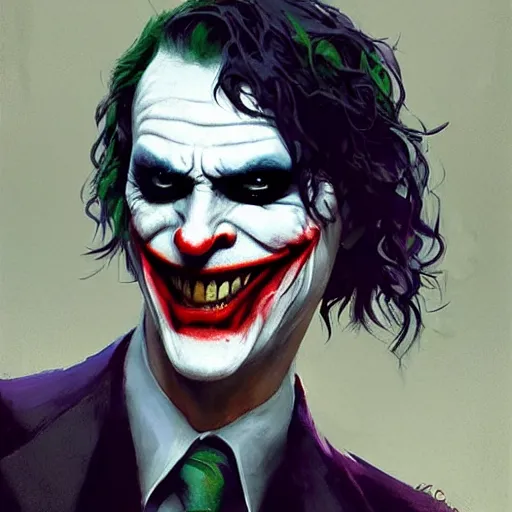 Prompt: joker, crazy face, hand covering face, paint by greg rutkowski