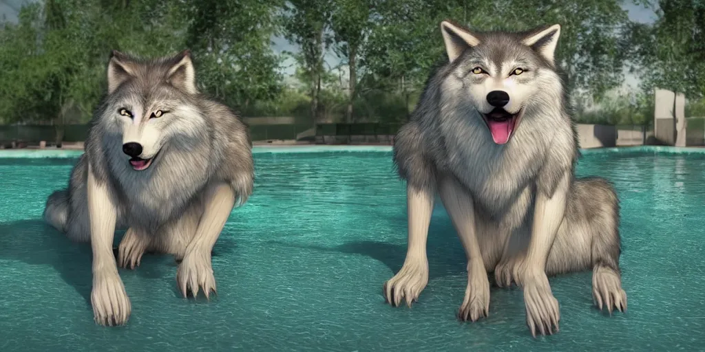 Image similar to a detailed CGI rendered anthropomorphic wolf furry(with long hair and cute big green eyes, tail raised, concerned expression, anthro wolf face, very fluffy and furry) standing in a pool, shot in wide angle, with soft lighting. Digital art render, artstation, ultra detailed