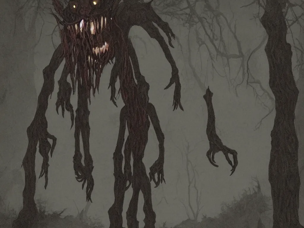 Prompt: A tall skinny horrifying creature coming out of the dark woods at night