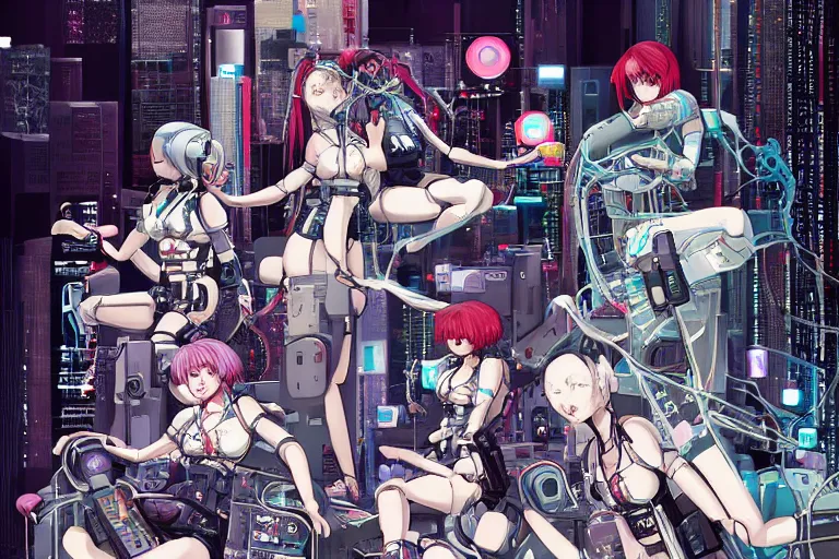 Prompt: cyberpunk anime illustration of a group of female android dolls lying in various poses over an spacious, empty white floor background with their bodies open showing wires and cables coming out, by katsuhiro otomo and masamune shirow, hyper-detailed, colorful, beautiful, bird view