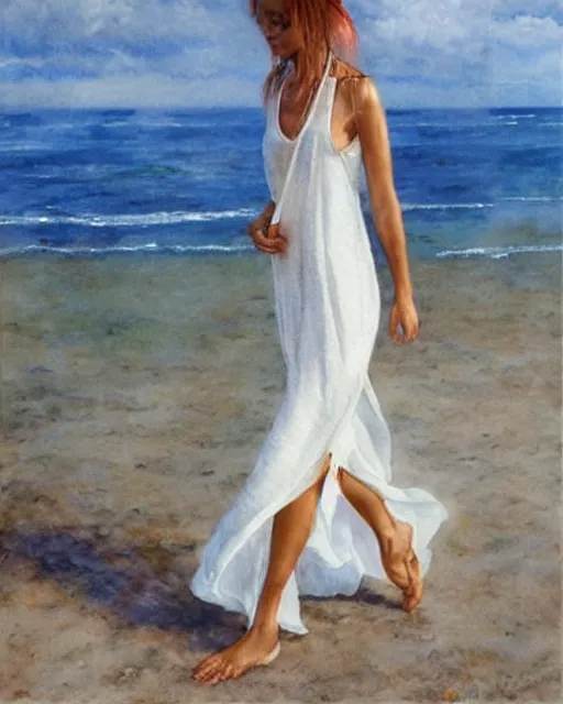 Image similar to a photorealistic watercolor of a woman with translucent white dress walking by the beach, by Steve Hanks, highly detailed and realistic, intricate HD, emotional realism