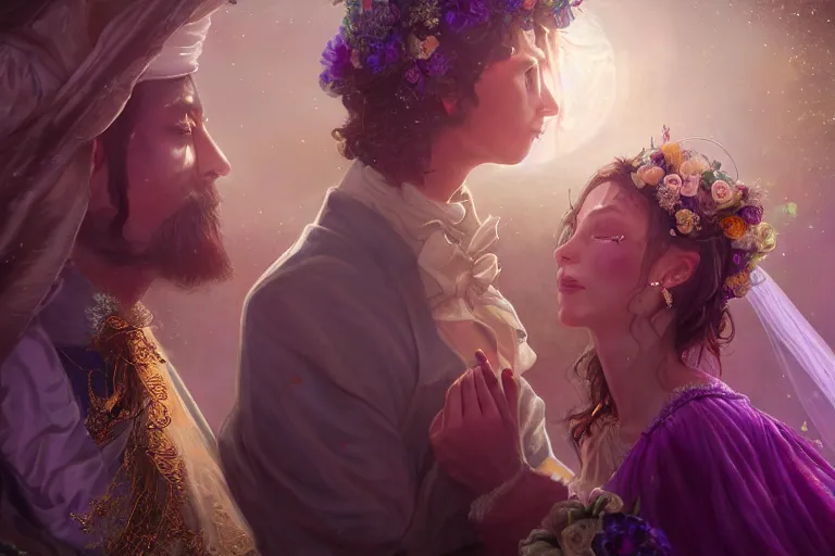 Image similar to a dreamlike cinematic portrait of wedding photograph close up moment of a divine a russia sun god and moon goddess lovers magician at a wedding banquet. portraiture. digital painting. artstation. concept art. fantasy wedding photo. digital painting, 8 k realistic, hyper detailed, violet evergarden art masterpiece by art by krenz cushart