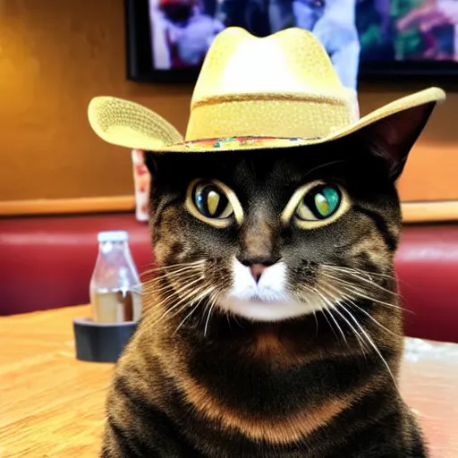 Prompt: a cat drinking soda in a restaurant with a cowboy hat on his head