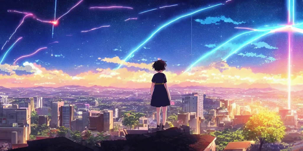 Prompt: a stunning frame from the anime kimi no na wa your name, the girl looks at the city before the end, in the sky there is a huge detailed spaceship. 4 k, hd
