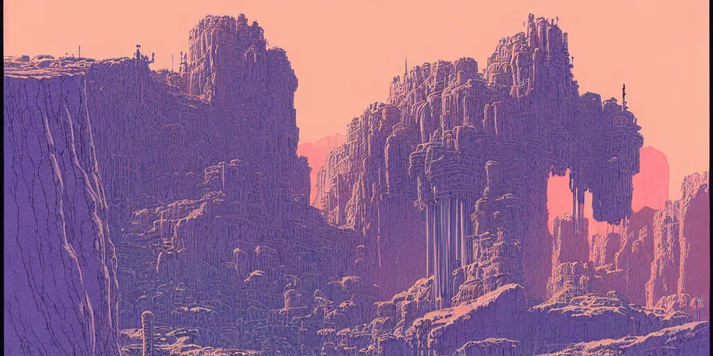 Prompt: grainy risograph matte painting of gigantic huge mech with huge swords, pastel matte colors, staying in the toxic blue canyon, by moebius, hyperrealism, intricate detailed