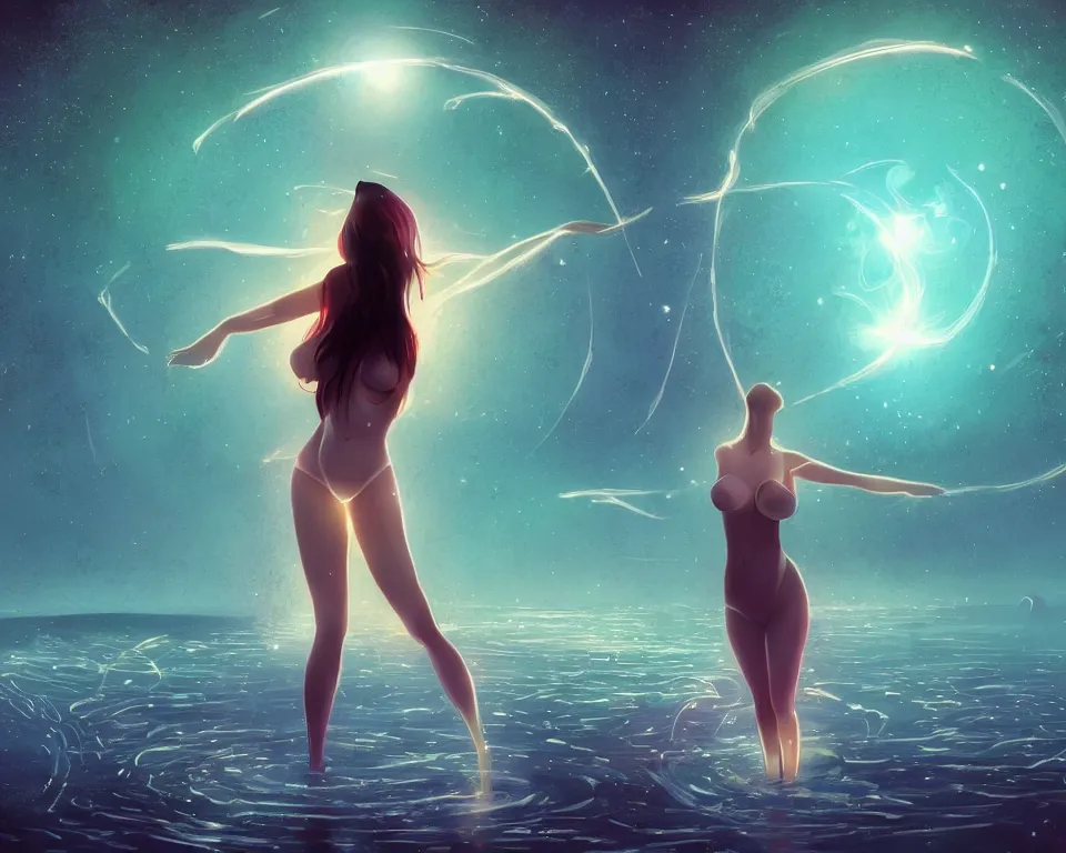 Image similar to beautiful seductive girl standing in a lake basking in the moonlight, using magic, under a multi-colored binary blackhole with an accretion disc, glowing trails following her arms, wearing professional makeup, acidwave, by Lois van Baarle, by Greg Rutkowski, by artgerm, by beeple, by studio ghibli, cinematic angle, volumetric lighting, 4k resolution, octane render, trending on artstation, masterpiece