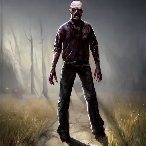 Image similar to Walter White, undead, zombie, full body shot, fantasy, medieval, vivid colors, elegant, concept art, sharp focus, digital art, Hyper-realistic, 4K, Unreal Engine, Highly Detailed, HD, Dramatic Lighting by Brom, trending on Artstation