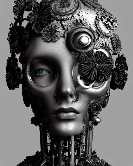 Image similar to black and white dreamy foggy smoky profile face portrait, one silver steampunk eye biomechanical beautiful young female cyclope - cyborg - robot bust, body ribs meshes,, volumetric light, hibiscus flowers, by hg giger, rim light, by dora maar and cecile beaton, big gothic fashion pearl embroidered collar, 8 k