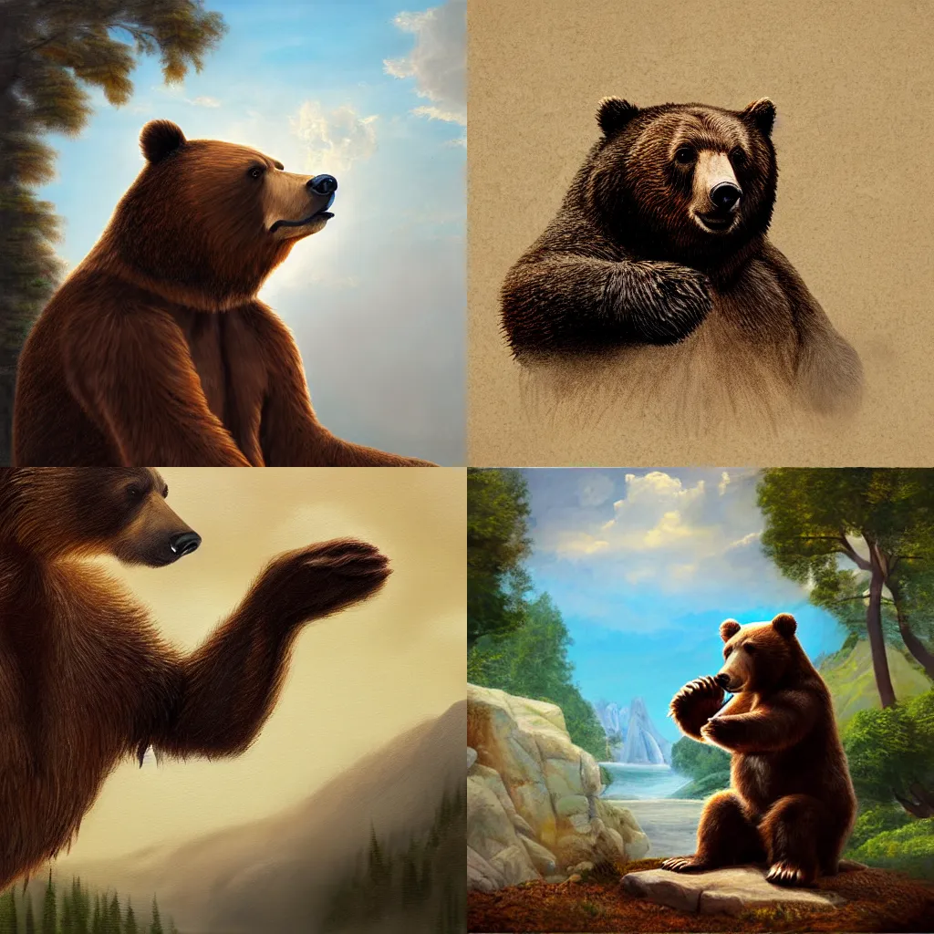 Prompt: illustration of a bear waving to the camera, realistic painting, classical painting, high definition, digital art, matte painting, very detailed, realistic