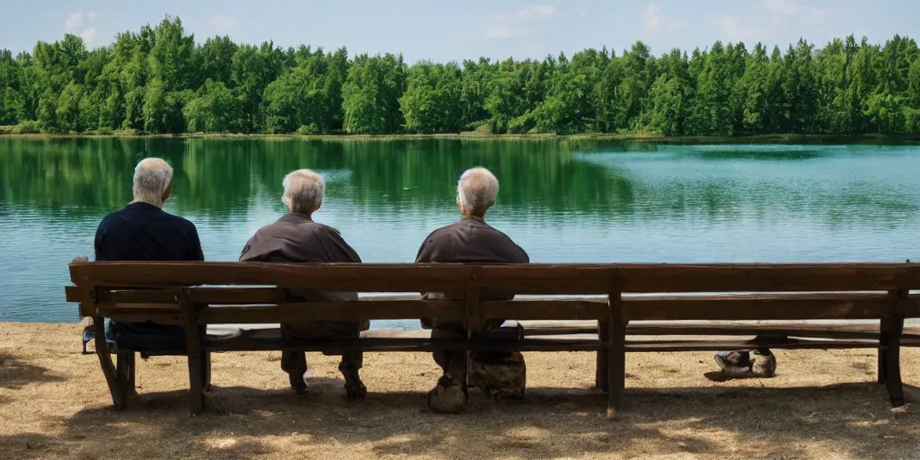 Image similar to an old therapist and his patient sitting on a bench beside a lake