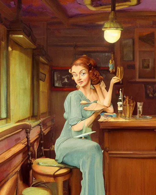 Image similar to a beautiful barmaid, dimly lit cozy tavern, relaxed pose, fantasy, art deco, detailed painterly digital art style by Francis Bacon, 😍 , 8k octane beautifully detailed render, post-processing, extremely hyperdetailed, in the style of Francis Bacon and Syd Mead and Edward Hopper and Norman Rockwell and Beksinski, open ceiling, highly detailed, painted by Francis Bacon, painted by James Gilleard, surrealism, airbrush, Ilya Kuvshinov, WLOP, Stanley Artgerm, very coherent, art by Takato Yamamoto and James Jean