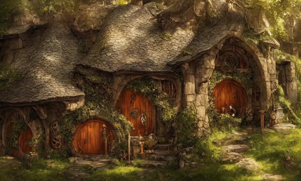 Image similar to The house of the Hobbit Bilbo Baggins, highly detailed, digital painting, artstation, concept art, smooth, sharp focus ilustration, Artstation HQ